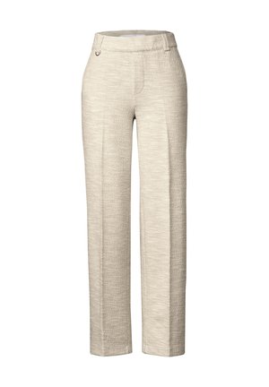 Pantalones beige claros con un acabado texturizado, diseño de pierna ancha, parte frontal plana y un pequeño lazo decorativo en la cintura.