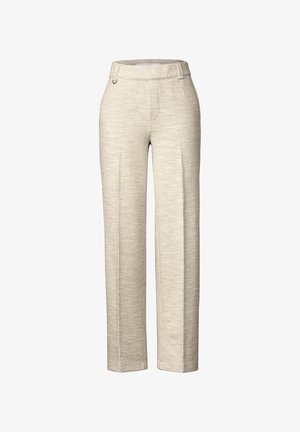 Pantalones beige claros con un acabado texturizado, diseño de pierna ancha, parte frontal plana y un pequeño lazo decorativo en la cintura.