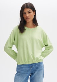 Hellgrünes Langarmoberteil mit rundem Halsausschnitt, das ein strukturiertes Streifenmuster und einen gerafften Saum aufweist. Kombiniert mit blauen Jeans.