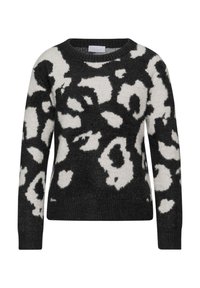 Maglione a righe in bianco e nero con scollo rotondo, maniche lunghe, texture morbida e un design simile a quello di una felina sull'intera superficie.