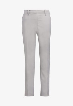Helle graue Anzughose mit glatter Textur, schmaler Passform, Gürtelschlaufen und einem flachen Vorderdesign, das eine saubere Nahtführung entlang der Nähte aufweist.