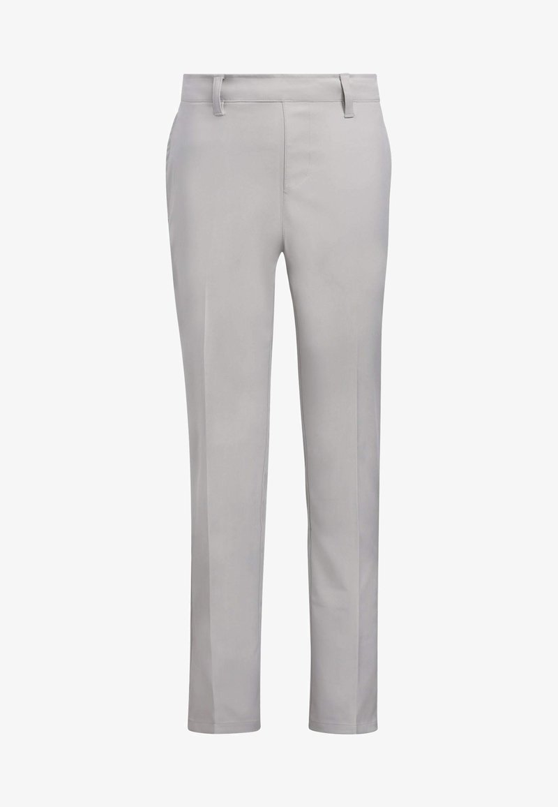 Pantaloni eleganti grigi chiari con una texture liscia, taglio slim, passanti per cintura e design a gamba dritta, caratterizzati da cuciture ordinate lungo le cuciture.