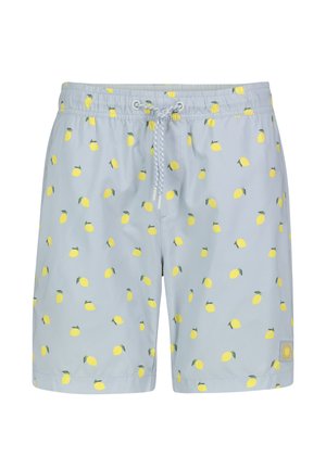 Light blue swim shorts with scattered yellow lemon print and white drawstring at the elastic waistband, featuring a small logo patch on the hem.