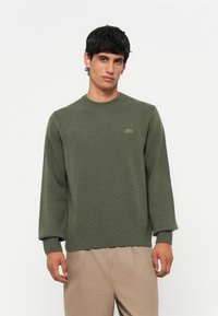 Young man wearing olive green knitted sweater with small crocodile logo on chest and beige casual pants against white background.
