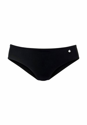 Fondo di bikini nero realizzato in tessuto morbido, presenta un taglio moderato con una sottile fascia in vita e un piccolo accessorio metallico sul lato.