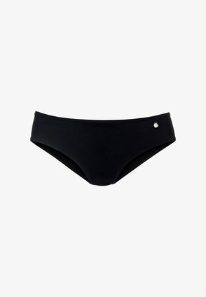 Zwarte bikinionderkant gemaakt van een gladde stof, met een gematigde snit en een dunne tailleband, en een kleine metalen accent aan de zijkant.