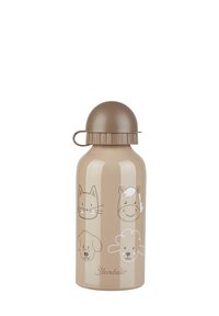 Beige Kindertrinkflasche mit braunem Deckel, mit cartoonhaften Gesichtern einer Katze, eines Pferdes, eines Hundes und eines Schafs auf der Vorderseite.