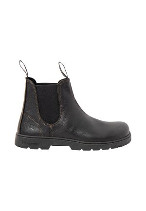 Bota Chelsea negra de cuero hasta el tobillo con paneles laterales elásticos, lengüetas de tracción en la parte delantera y trasera, y suela de goma resistente.
