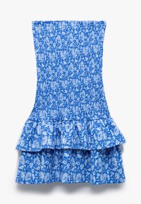 Blaues Kleid mit floralem Muster, das einen gerafften Oberteil und einen geschichteten Rüschensaum hat. Hergestellt aus leichtem Stoff, der eine strukturierte Oberfläche aufweist.