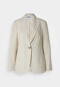 Beige linen blazer with vertical pinstripes, single button closure, notched lapels, and two front pockets. Lined interior.