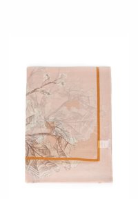 Jasnoróżowy szalik z botanicznym wzorem w kolorze brązowym i pomarańczową bordiurą. Miękka tekstura, lekka tkanina o delikatnym połysku.