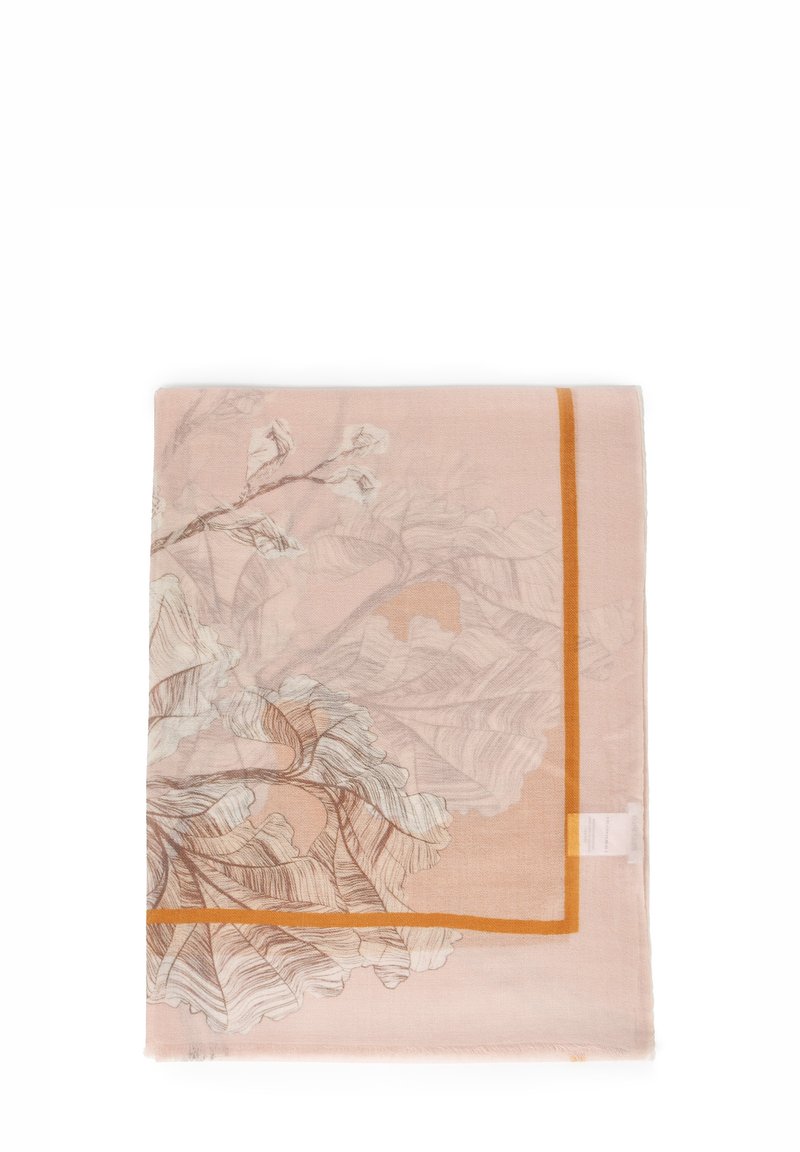 Jasnoróżowy szalik z botanicznym wzorem w kolorze brązowym i pomarańczową bordiurą. Miękka tekstura, lekka tkanina o delikatnym połysku.