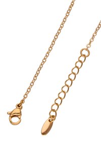 Cadena de metal dorado con eslabones ovalados, que cuenta con un cierre de langosta y una extensión ajustable con un charm ovalado liso.