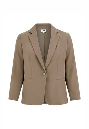 Rjav prilagojen blazer z izrezanim ovratnikom, zapenjanjem na en gumb in dvema sprednjima žepoma, izdelan iz gladkega, teksturiranega materiala.