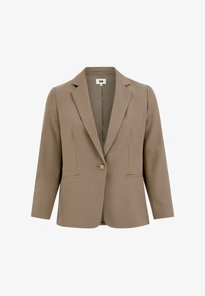 Brun skræddersyet blazer med en hakket revers, enkelt knaplukning og to forlommer, lavet af et glat, tekstureret stof.