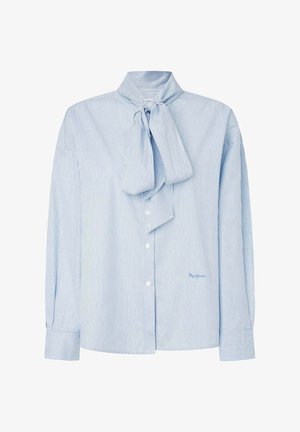 Hellblaue, gestreifte Bluse mit einer Schleifenkragen, langen Ärmeln, Knopfverschluss und einem dezenten Logo in der unteren rechten Ecke.