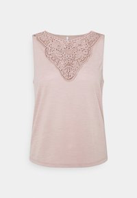 Rosa ärmlös topp med ett texturerat spetsmönster vid halsringningen. Mjuk, lätt tyg med en avslappnad passform och rundad nederkant.