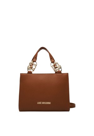 Borsa a mano in pelle marrone strutturata con manici superiori, caratterizzata da dettagli in metallo dorato a forma di cuore e logo "LOVE MOSCHINO" sulla parte frontale.