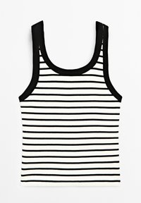 Sort og hvid stribet tanktop med ribbet tekstur. Har brede skulderstropper og sort kant langs halsudskæringen og armhulerne.