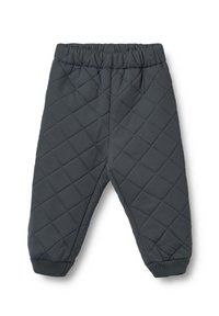 Quiltade grå byxor med resårmidja, smalnande muddar och ett rutmönster genom hela tyget. Mjuk och varm material.