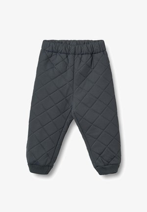 Pantalon gris matelassé avec une taille élastique, des poignets fuselés et une texture à motif losange sur l'ensemble du tissu. Matériau doux et chaud.