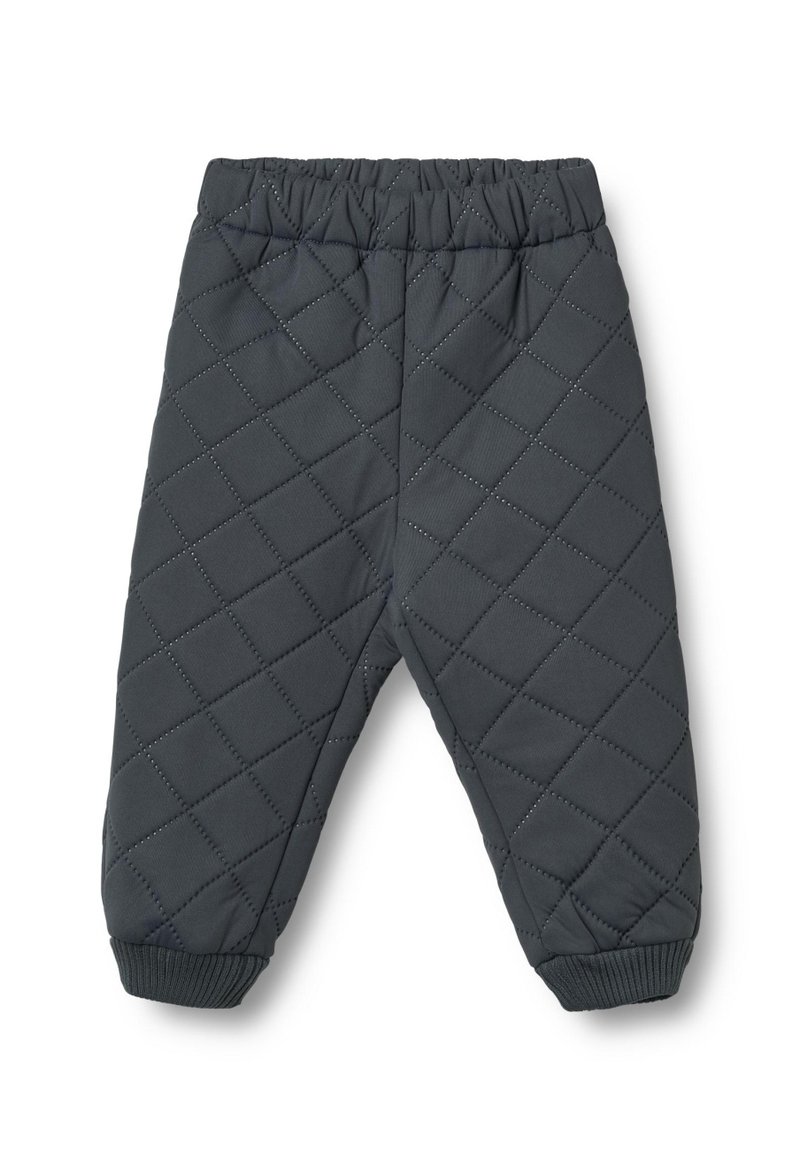 Quiltade grå byxor med resårmidja, smalnande muddar och ett rutmönster genom hela tyget. Mjuk och varm material.