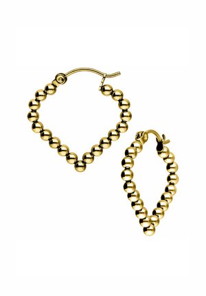 Gold hoop earrings featuring a series of spherical beads. One earring is a delicate oval shape, while the other is square.