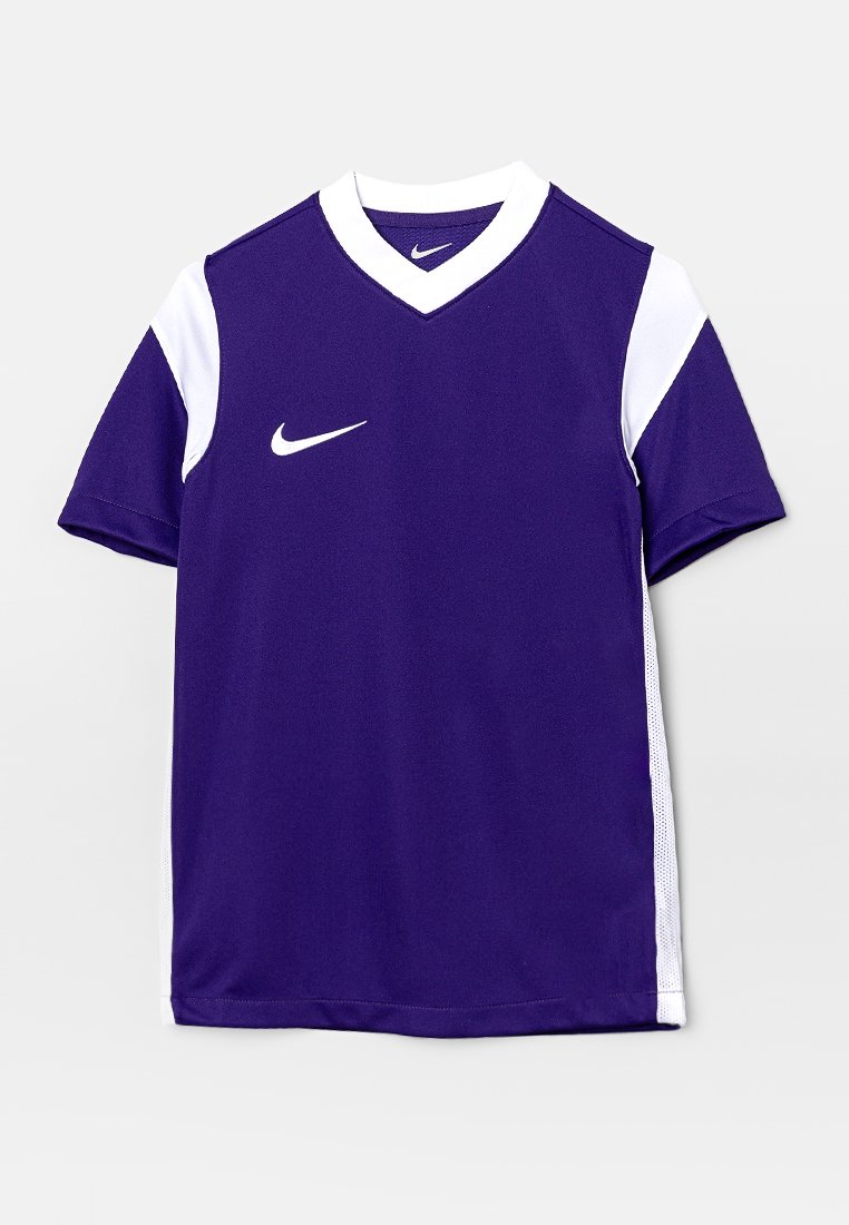 Lila Fußballtrikot mit kurzen Ärmeln und weißen Seitenpanelen, V-Ausschnitt-Design und Nike-Logo in Weiß auf der linken oberen Brust.
