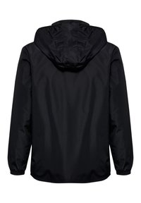 Chaqueta negra con capucha, puños y dobladillo elásticos. Material liso y resistente al agua. Diseño simple y minimalista sin patrones ni acentos visibles.