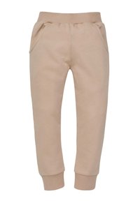 Beige Jogginghosen verfügen über einen elastischen Bund, zwei Seitentaschen und enger werdende Bündchen. Hergestellt aus einem weichen, glatten Stoff für hohen Komfort.