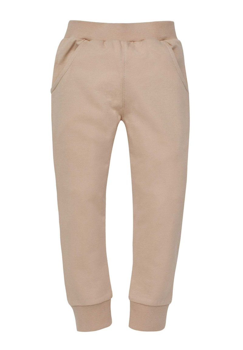Beige Jogginghosen verfügen über einen elastischen Bund, zwei Seitentaschen und enger werdende Bündchen. Hergestellt aus einem weichen, glatten Stoff für hohen Komfort.