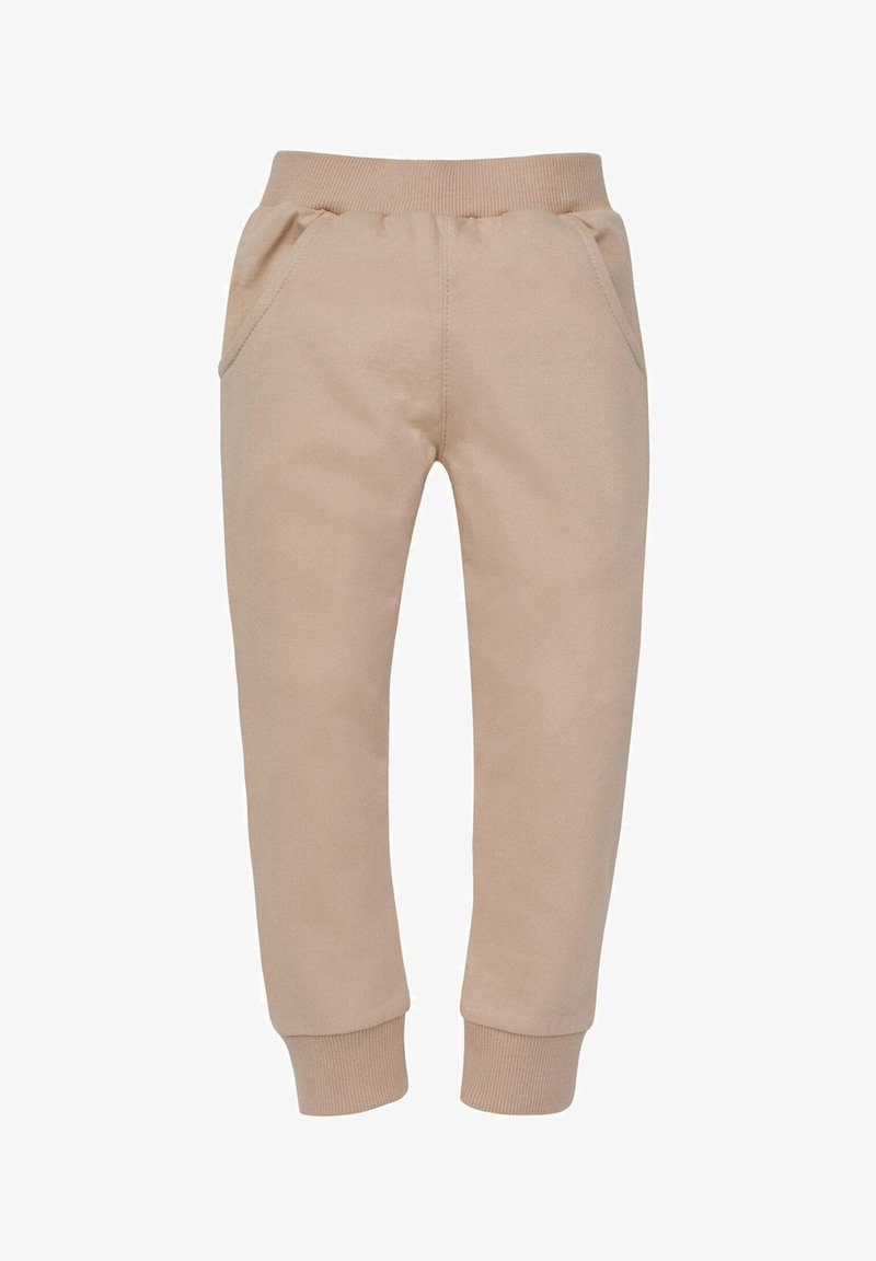 Vaatteet beige-harmaat sydänhousut sisältävät joustovyötärön, kaksi sivutaskua ja kapenevat hihansuut. Valmistettu pehmeästä ja sileästä kankaasta mukavuutta varten.