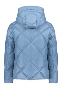 Padded, jasnoniebieska kurtka z kapturem, z diamentowym pikowaniem i elastycznymi mankietami. Gładka, błyszcząca tekstura.