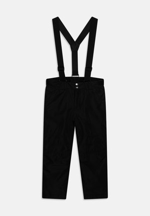 Pantalon noir imperméable avec bretelles réglables et fermeture devant par boutons, conçu pour une utilisation en extérieur ou en hiver.