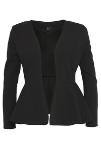 Schwarzer Damenblazer mit langen Ärmeln, offenem Vorderteil und ausgestellter Peplum-Taillenpartie.