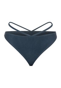 Tumši zils bikini apakšda ar augstu griezumu, ar plānām, krustveida siksnām un gludu tekstūru. Nav redzamu rakstu vai detaļu.