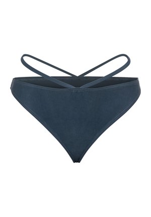 Temno modri bikini spodnji del z visokim izrezom, ki ima tanke, križajoče se naramnice in gladko teksturo. Brez vidnih vzorcev ali dodatkov.