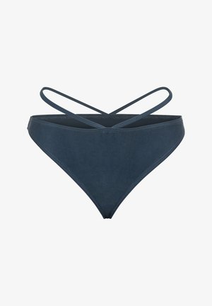 Parte inferior de bikini de color azul oscuro con un diseño de corte alto, que presenta finas correas entrelazadas y una textura suave. Sin patrones visibles ni herrajes.