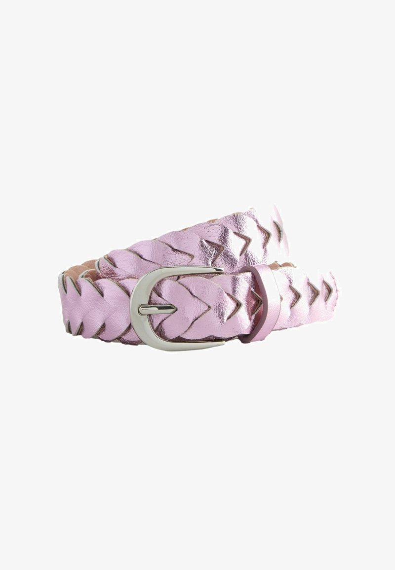 Cintura in pelle rosa intrecciata con fibbia argentata, caratterizzata da un distintivo motivo a zig-zag e una superficie liscia, fissata all'estremità con un accento abbinato.
