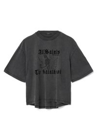 T-shirt nera oversized realizzata in morbido cotone, con scollo rotondo, maniche corte e design grafico frontale con motivo scheletro.