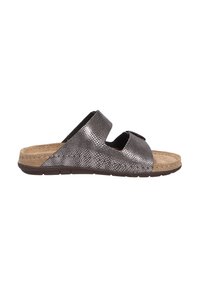 Open-toe sandal featuring a metallic gray, textured upper resembling snakeskin, adjustable straps, and a cork footbed on a dark sole.