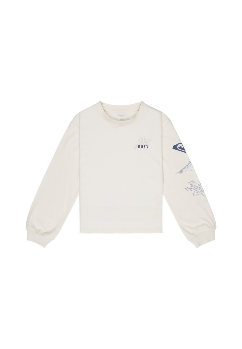 Krämfärgad långärmad crop top i mjukt material med blå blommönster och logotyp på bröstet och ärmen.