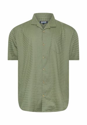 Kurzärmliges olivgrünes Hemd mit Knopfleiste, strukturiertem Karomuster, Brusttasche und Kragen.