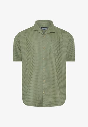 Chemise kaki à manches courtes avec boutons, motif quadrillé texturé, poche poitrine et col.