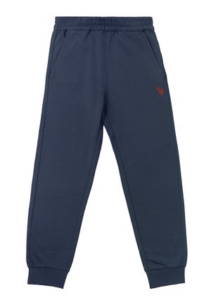 Pantaloni da jogging blu navy con vita elastica, tasche laterali, polsini a coste e un piccolo logo rosso ricamato sulla coscia destra.