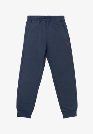 Pantaloni da jogging blu navy con vita elastica, tasche laterali, polsini a coste e un piccolo logo rosso ricamato sulla coscia destra.