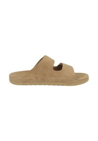 Sandalo scivoloso in suede beige caratterizzato da un design a due cinturini con ritagli. Suola in gomma spessa con battistrada strutturato per una buona aderenza.