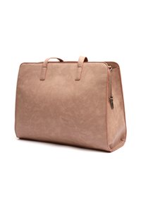 Beige syntetisk väska med texturerad yta, rektangulär form, två övre handtag och dragkedjestängning längs ena sidan.