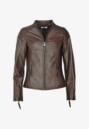 Brown leather jacket with a zip closure, quilted shoulder accents, and two zippered side pockets. Features a fitted shape and smooth texture.