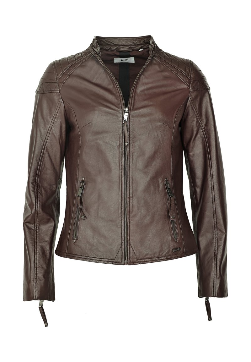 Braune Lederjacke mit Reißverschluss, gesteppten Schulterflächen und zwei Reißverschlusstaschen an den Seiten. Sie hat eine taillierte Form und eine glatte Textur.